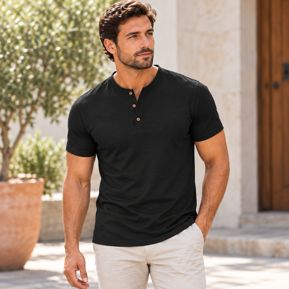Nestvoroq Mens Henley Short Sleeve Casual Shirt